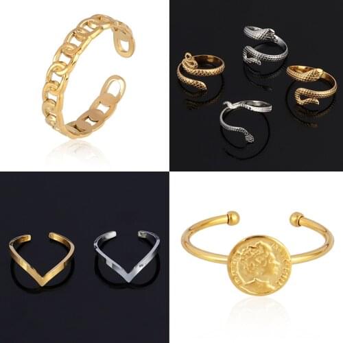Bohemia Snake Coin Ring Stainless Steel Open Ring for Women V Shape Ring Geometric Carving Knuckle Rings Jewelry Gift Party