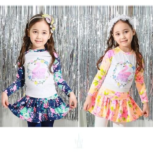 Girls Swimsuit Skirt Two Piece Kids Long Sleeve Swimwear Two Piece Rashguard Children Swimsuits 3 To 11Year Old Bathing Suits