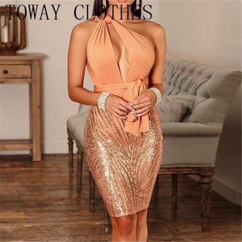 Summer Women One Shoulder Cutout Sequins Sleeveless Patchwork Party Sexy Dress