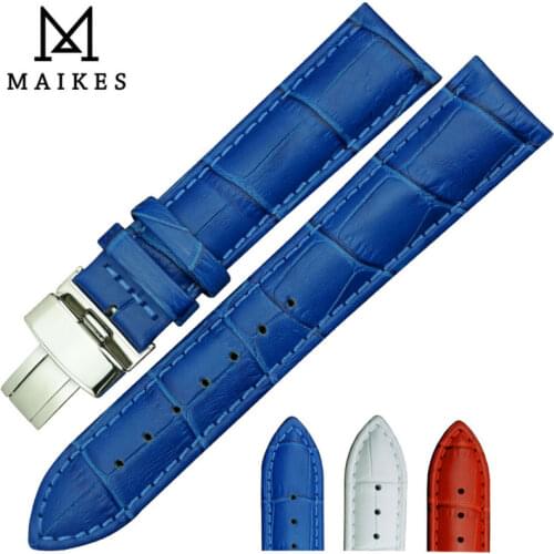 MAIKES Bule Genuine Leather Watch Band With Stainless Steel Folding Buckle 16mm 18mm 20mm Watch Strap