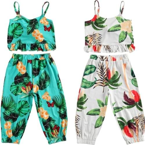 FOCUSNORM 2-7Y Fashion Kids Girls Clothes Sets 2pcs Flowers Print Sleeveless Vest Tops Elastic Long Pants