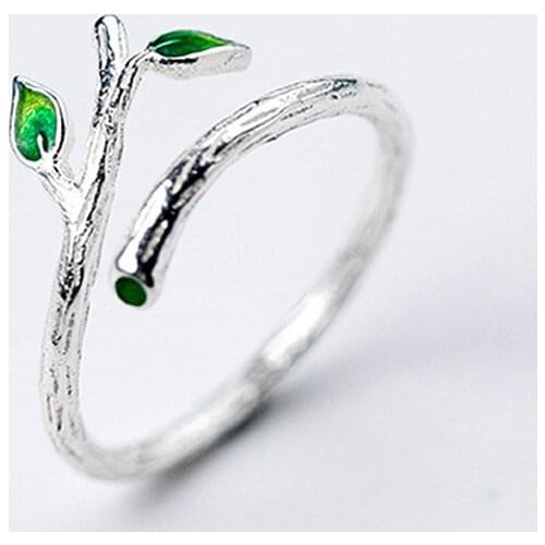 Fashion Summer Green Leaf Branch Opening Ring Exquisite Crystal Zircon Silver Color Ring Creative Party Jewelry Girl Gift