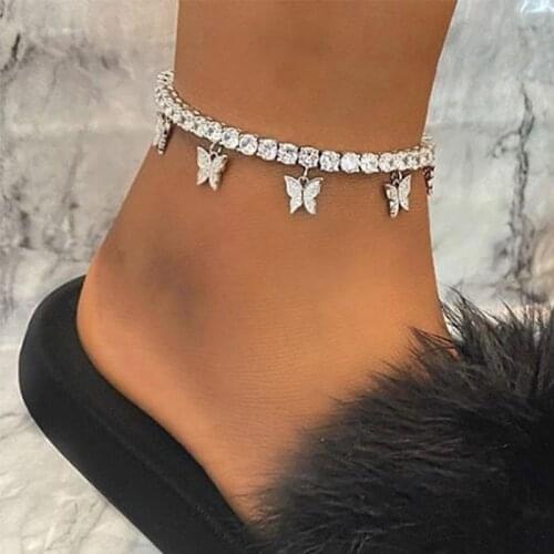 Fashion Butterfly Anklet Rhinestone Tassel Foot Chain Jewelry For Women Summer Beach Anklet Bracelet On Leg Barefoot Chain
