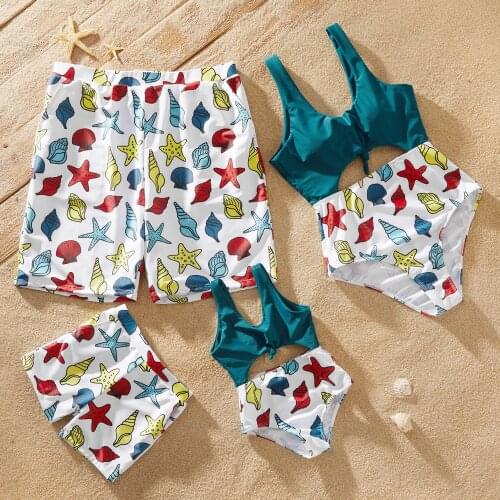 PatPat 2021 New Summer Hollow Out Cartoon Marine Life Pattern Print Stitching Solid Family Swimsuits