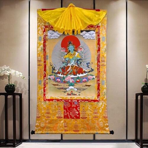 Wholesale Buddhist products Tibetan 120cm Thang-ga Thangka HOME temple blese safe health Green Tara guanyin Buddha painting