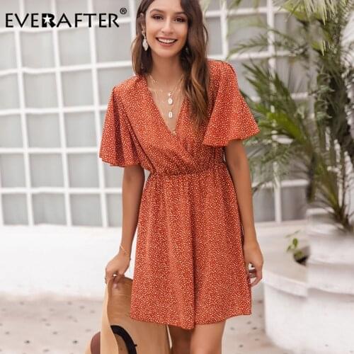 EVERAFTER Sexy v-neck summer dress women short sleeve high waist sundress casual beach vintage ruffles polka dot boho dresses