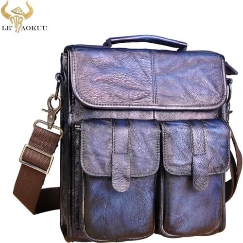 Trend Fashion Blue Genuine Cow Leather Male Casual Tote School messenger bag Satchel cowhide 10" Cross-body Shoulder bag Men 009