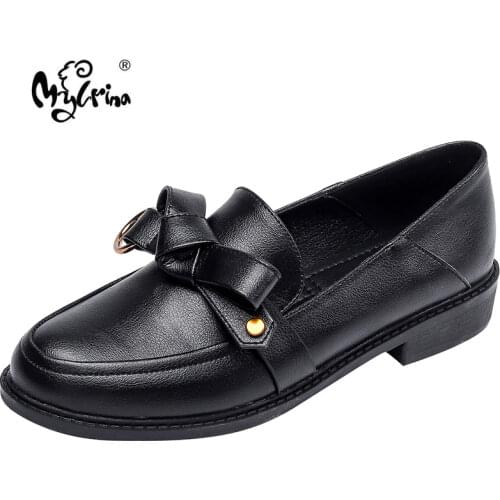 Women Genuine Leather Flats Spring Autumn Round Toe Bow Tie Loafers Slip on Footwear Ladies Cozy Casual Shoes 2021 New