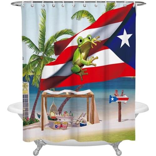 Palm Tree Puerto Rico Flag Frog Beach Bathroom Shower Curtain Polyester Fabric Waterproof Shower Curtains with Hooks