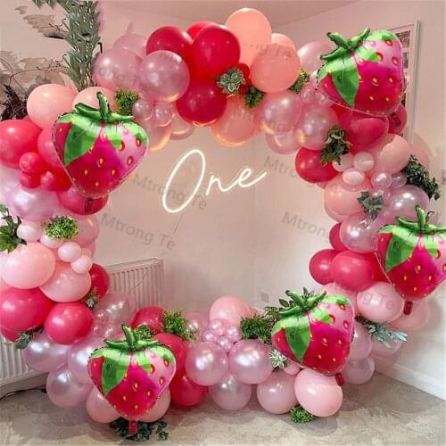 127pcs Strawberry Foil Party Balloons Arch Garland Baby Shower for Summer Theme Party Berry First Birthday Summer Fruit Party