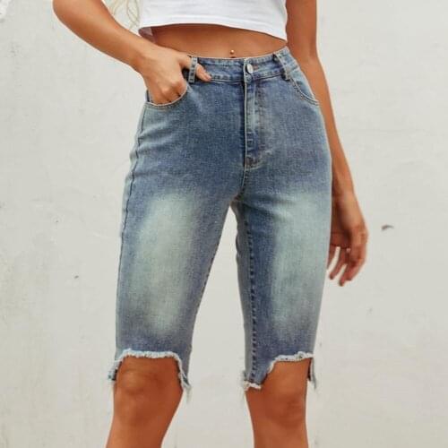 Retro Style Fifth Length Jeans Women Wild Casual Irregular Hem High Waist Fitting Washed Daily Summer Wear Half Pants