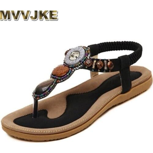 MVVJKE Summer Womens Sandals Pu Flip Flops Casual Shoes Womens Beaded Elastic Band Sandals Womens Fashion Flat Shoes