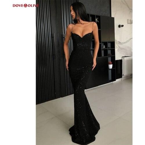 Evening Dress for Women Sequin Black Spaghetti Strap Sweetheart Sleeveless Mermaid Long Sweep Train Formal Prom Gown Night Wear