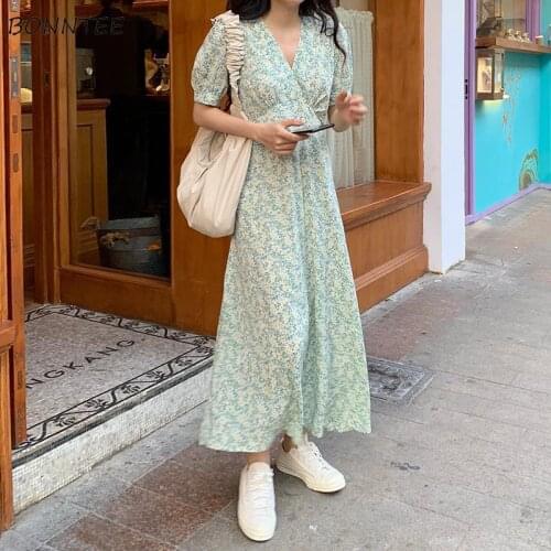 Dress Women Short Puff Sleeve Elegant Floral A-line Maxi Vestidos Summer Vintage V Neck Folds Slim Preppy Style Ulzzang Trendy
