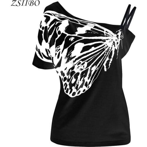 ZSIIBO Sexy Ladies Oblique Shoulder T Shirt Butterfly Printed Strap Short Sleeve Tops Women Tops Tees Drop Shipping