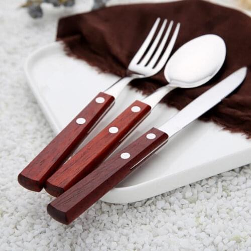 100pcs Wood Handle Dinnerware Stainless Steel Party Dinner Spoon Knife Fruit Fork Cutlery Round Handle Tableware F20174072