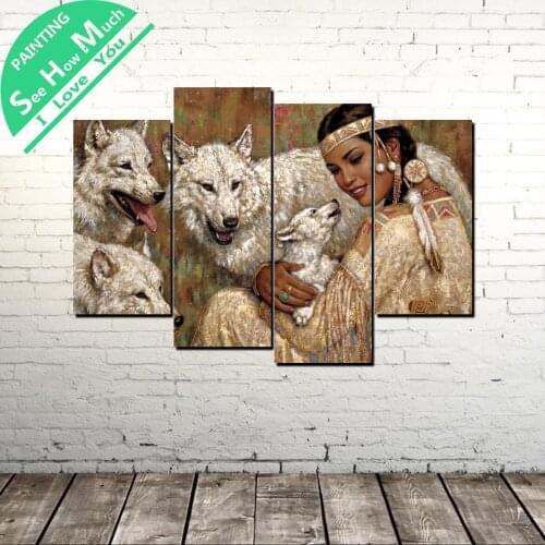 4 Piece Beautiful Girl Around Wolf wall art decor poster decorative pictures canvas prints paintings art prints and posters
