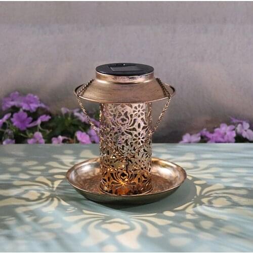 Antique Metal Bird Feeder Outdoor Hanging Solar Powered LED Lawn Lamp Bird Food Holder Container Garden Decorations dropshipping