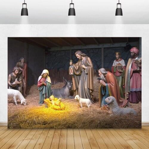 Laeacco Nativity Scene Photo Backdrops Christian Jesus Birth Bullpen Haystack Sheep Photography Backgrounds For Photo Studio