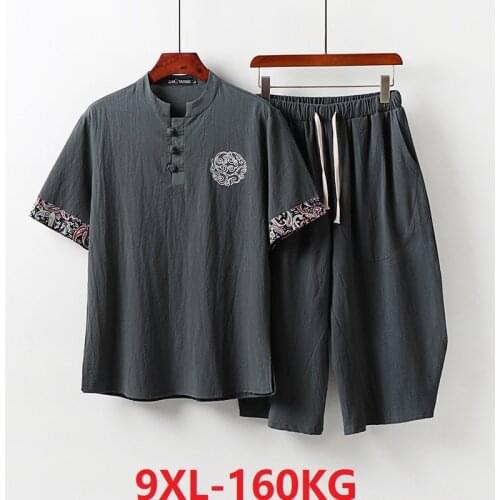 Summer Men Tshirt short sleeve and shorts embroidery linen cotton vintage homewear Chinese style big size 8XL 9XL Tang suit tees