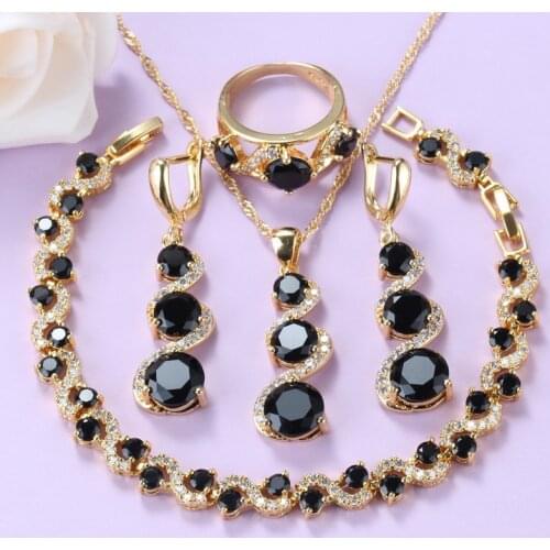 Amazing Prom Jewelry Sets For Women Gold-Color Costume Black Cubic Zirocnia Necklace Sets Bracelet Ring 6-Colors Gift Jewelry