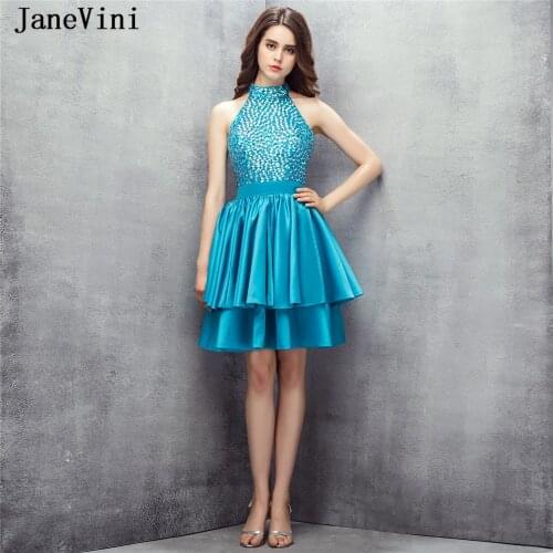 JaneVini Elegant Short Mini Homecoming Dresses A Line 2019 High Neck Beaded Sexy Backless Taffeta Vestidos Graduacion Plus Size