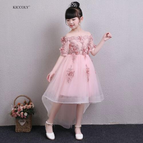 KICCOLY Custom 2018 Pink Lace Bead Tulle First Communion Dresses For Girls Half Sleeve Ball Gown Flower Girl Wedding Dress 1-14Y