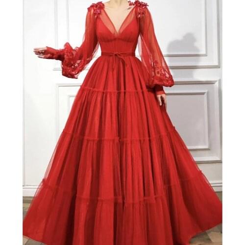 Red Illusion Evening Gown Long Sleeve Flowers Dubai Kaftan Saudi Arabic Elegant Formal Dress Muslim Evening pageant Dresses 2021