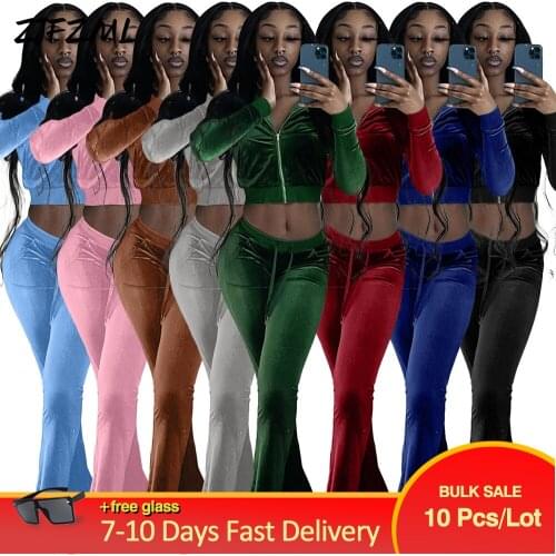 Bulk Items Wholesale Lots Women Velvet Sweatsuit Autumn Winter Velour Clothing Y2K Sportswear Hoody and Flare Sporty Trousers