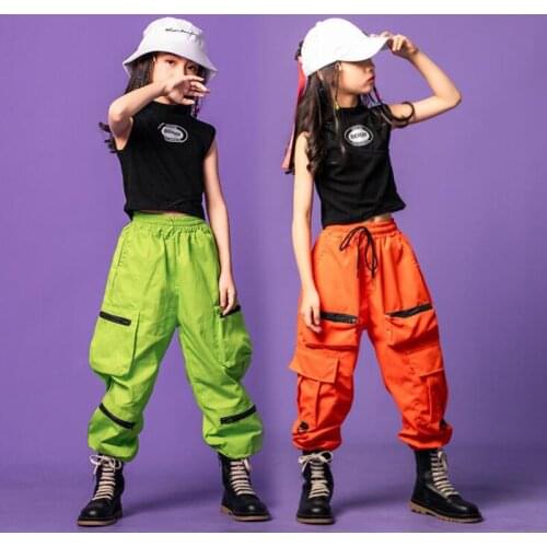 Girls Cool Hip Hop Clothing Black Tank Crop Top T Shirt Stage wear Tactical Cargo Pants for Girls Ballroom Dance Costume Clothes