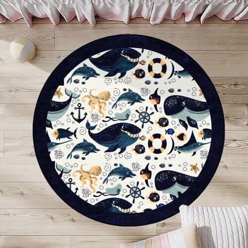 Lacivert Yuvarlak Çocuk Odası Halısı balina yunus ahtapot deniz kanca dümen gemi
