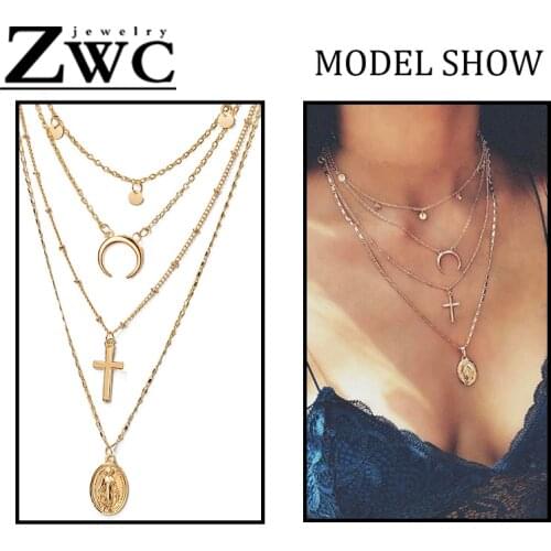 Fashion Faith Cross Pendant Necklace for Women Men Trend Crescent Coin Gold Hanging Chain Clavicle Neutral Necklace 2020 Jewelry