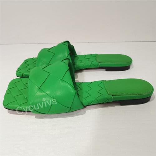New Weave Braid Flat Slippers Woman Flat Open Toe Genuine Leather Mules Flip Flops Casual Slides Summer Sandals Shoes For Woman