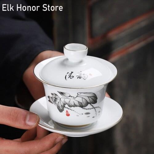 165ml White Jade Porcelain Dehua Landscape Handmade Bamboo Silver Banded Ceramic Bowl With Lid Milk Oolong Tea Celadon Tea Set