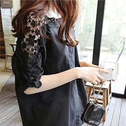 New Autumn 2017 Fashion Blouses Lace Flower Half Sleeve Female Shirts V-neck Elegant Casual Hollow Out Loose Tops Women Clothing