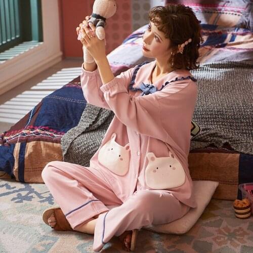 2020 Spring Autumn New Women Strawberry Cardigan Nightwear Cartoon Bear Panda Loose Long Sleeve 2Pcs Pajama Set Casual Sleepwear