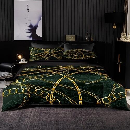 Golden Chain Pattern Duvet Cover Set With Pillowcase,AU 210x210 Quilt Cover,EU 240×220 Blanket Cover,Green King Bedding set