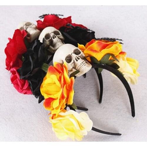 Halloween Hair Hoop Rose Skull Headband Handmade Flower Skull Headdress Floral Headbands Cosplay Hair Accessories