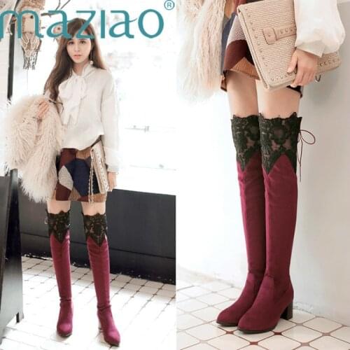 Stretch Fabric Women Over The Knee Boots Pointed Toe Footwear High Heels Sexy Female Party Boot Lace Shoes Woman Winter MAZIAO