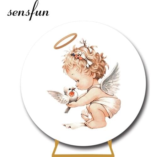Sensfun God Bless White Baby Baptism Round Backdrop Cover Angel Girls First Holy Communion Photography Background Elastic Custom
