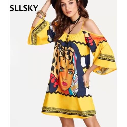 Sllsky Women Golden Strap Dress 2021 Summer New Round Neck Off The Shoulder Flared Sleeves Loose Waist Casual Female Dress