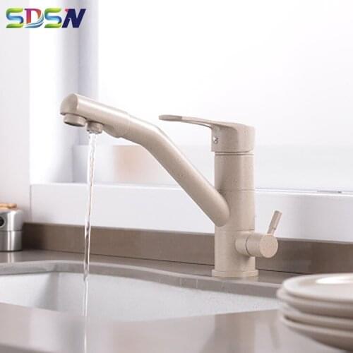 Three-way Filtered Kitchen Faucet Oat Color Dual Handle Switch Kitchen Sink Water-mixer Brass Hot and Cold Kitchen Water Faucet