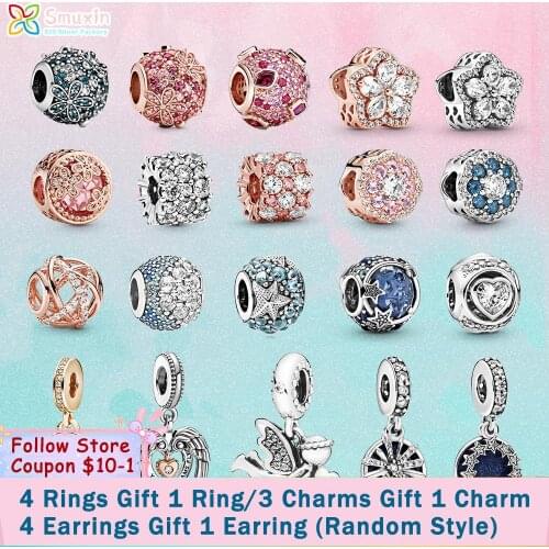 Smuxin 925 Sterling Silver Bead Clear Star Pave Sparkle Blue Enamel Celestial Shooting Fit Original Pandora Bracelets Girl Gift