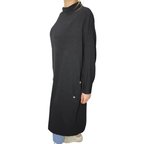 Hand Pockets Tunic Knee-length-BLACK