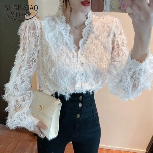 Women Tops White Shirts V-neck Long Sleeve Vintage Lace Blusas Hollow Out Lace Ladies Blouses Shirts Kimono Lace Flowers 16095