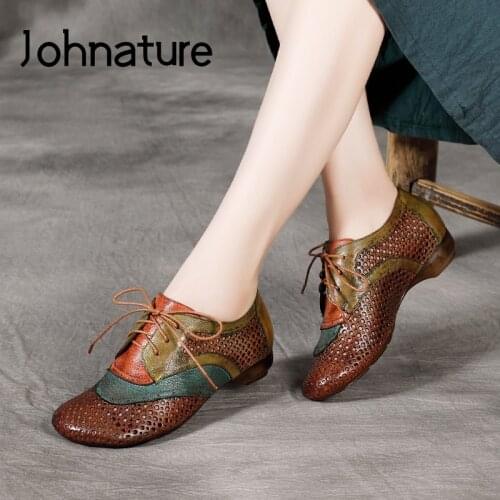 Johnature Flats Women Shoes Mixed Colors Lace-up Genuine Leather 2020 New Round Toe Shallow Retro Hollow Casual Ladies Shoes