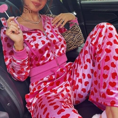 ArtSu Lady Autumn Pants Suits Heart Print Casual 2 Piece Set Women Cropped Jacket + Trousers Tracksuits Velvet Matching Set 2021
