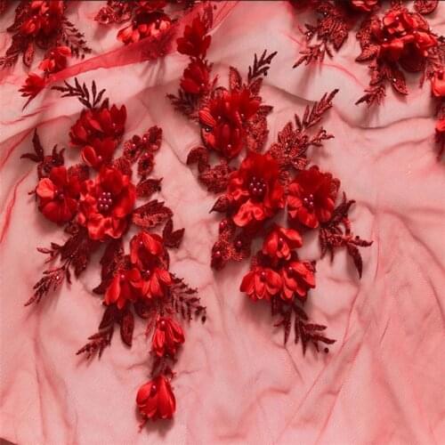 2 Pcs Beaded 3D Flower Lace Applique With Sequins Embroidery Mesh Sewing Fabric Trim For Evening Dress Red Pink