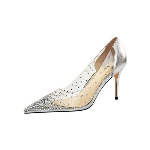 2021 Fashion Golden Rhinestone PVC Transparent Women Pumps Autumn High Heels Sexy Party Wedding shoes Size 34-40
