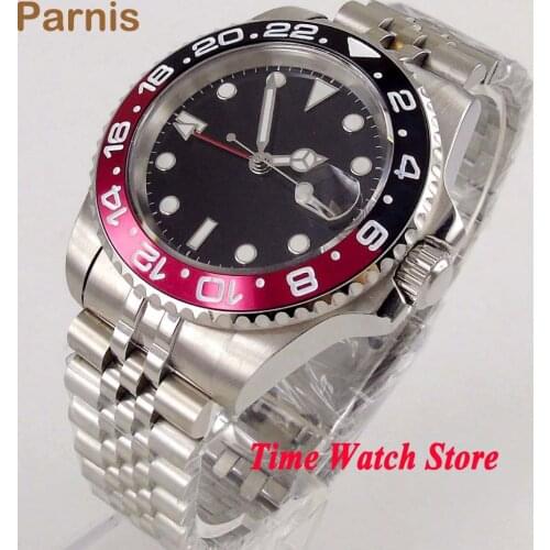 Parnis 40mm GMT 3804 Automatic mens watch sapphire glass waterproof black sterile dial ceramic bezel luminous Jubilee bracelet